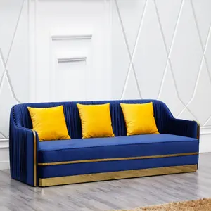 现代休闲金铆钉扶手椅海军蓝色天鹅绒软垫 2-3 座沙发为家庭酒店咖啡厅