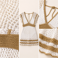 Robe de plage courte pour femme, style bohème, en crochet tricoté, col en V profond, manches courtes à volants, color block, ajourée, cache-maillot