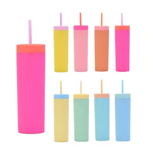 2024 New Products Plastic Slim Skinny Tumbler 16oz 450ml Straight Acrylic Pastel Colored Matte Mug Cups With Straw