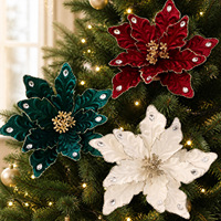 Ornement de fleur de Noël en velours LINGKAI, poinsettia, bordure en strass scintillante, fleur artificielle pour arbre de Noël, décoration de fête