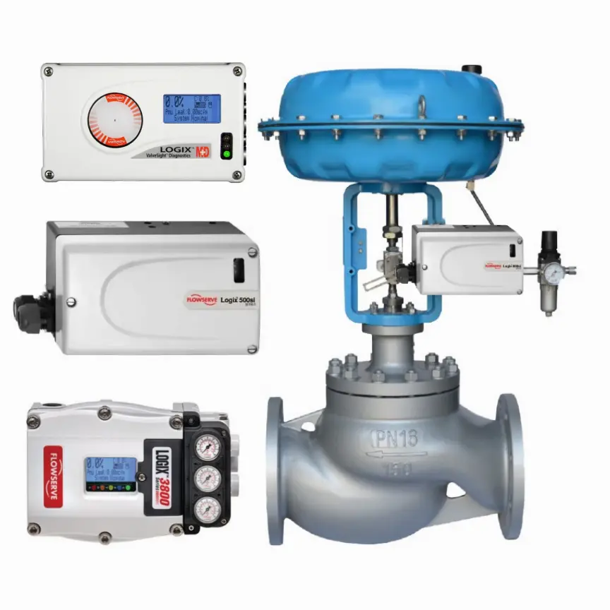 Pneumatic Control Valves With Digital Flowserve Positioner LOGIX 3200MD-28 And Pneumatic Actuator Filter Regulator Stock Supplie