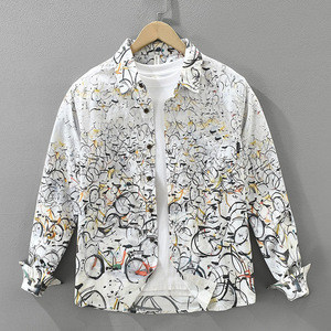 Chemises décontractées pour hommes en coton 100% à manches longues, imprimées à la main avec un motif de vélo, style hip-<span class=keywords><strong>hop</strong></span>, respirantes, à boutons sur le devant, vente en gros - Product Image 1