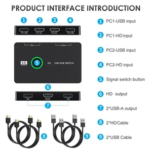 Caja de interruptores <span class=keywords><strong>KVM</strong></span> compatible con HD de 2 puertos con USB para compartir impresora de ratón de teclado entre 2 ordenadores en stock - Product Image 4