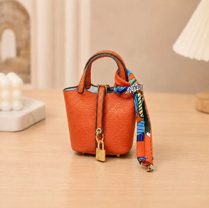 Luxury H-Style Mini Bucket Bag Charm, PU Leather Earphone Pouch & Coin Purse with Silk <b>Scarf</b>, Cute Keychain for Women - Product Image 5