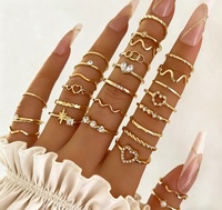 Set Cincin Knuckle Warna Emas Populer untuk Wanita, Set Cincin Jari Gelombang Hati Zirkon Bohemian