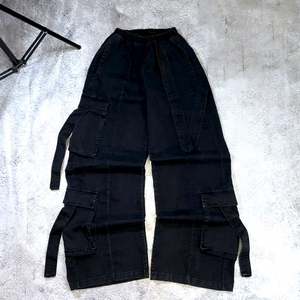 Pantalones Cargo de Verano para Hombre, Talla Grande, Tejidos, de Alta Calidad, Fibra de Terileno/Poliéster, Cintura Elástica, Múltiples Bolsillos, Negros, Pierna Ancha - Product Image 1