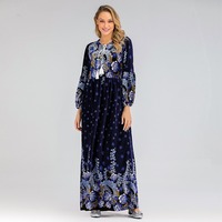 RO9200 Vêtement islamique vintage, abaya à imprimé floral, col à nouer avec pompon, manches longues lanternes, robe maxi pour femmes modestes, tenue de soirée