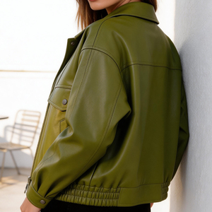 OFTBUY Nuova <span class=keywords><strong>Giacca</strong></span> Autunnale Verde in <span class=keywords><strong>Ecopelle</strong></span> da Donna, Modello Ampio a Maniche Lunghe con Orlo Elastico, Cappotto Biker Femminile in Pelle PU, Soprabito - Product Image 3