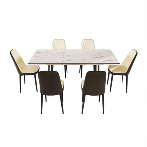 Juego de Mesa de Comedor Extensible de Tela PU de 6 Piezas, Moderno y Elegante, con Patas de Metal Negro y Sillas con Cojines Gruesos para Comedor - Product Image 1