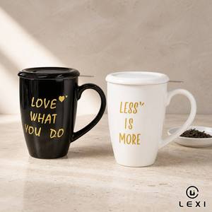 Mug à thé en porcelaine moderne avec infuseur, couvercle et filtre en acier, personnalisable avec logo, 500 ml, compatible micro-ondes et lave-vaisselle, pour le bureau, coloris Or, <span class=keywords><strong>Vin</strong></span>, Noir, Blanc - Product Image 1