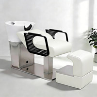 Nouveau style de fauteuil de lavage semi-allongé pour salon de coiffure, en acier inoxydable et céramique, avec bac profond, repose-pieds réglable et éponge haute densité