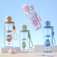 Bouteille d'eau pour enfants en Tritan de qualité alimentaire, motif dessin animé mignon, avec corde de transport, paille et couvercle à clapet, portable, anti-fuite, écologique, sans BPA