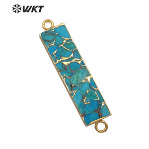 WT-C283 Natural Blue Vein Turquoises Pendant Rectangle Shape stones Connector Gold Electroplated Pendant For Jewelry Making