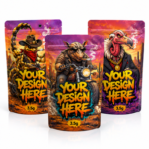 Bolsa Mylar Personalizada de 3.5g a Prueba de Olores, Empaque ZA, Diseño Brillante con Dibujos Animados de Escorpión, <span class=keywords><strong>Armadillo</strong></span> y Halcón del Oeste - Product Image 1