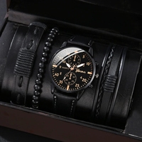 Ensemble de 4 Pièces Montres Homme de Mode Sport Affaires Montre-Bracelet à Quartz Luxe Bracelet en Cuir Marron Homme Décontracté Horloge Montre Cadeau