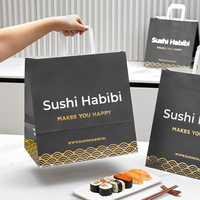 Sacs en papier kraft noir recyclables pour restaurant, vente en gros, logo personnalisé, emballage alimentaire à emporter pour sushis, sacs de shopping à poignée plate