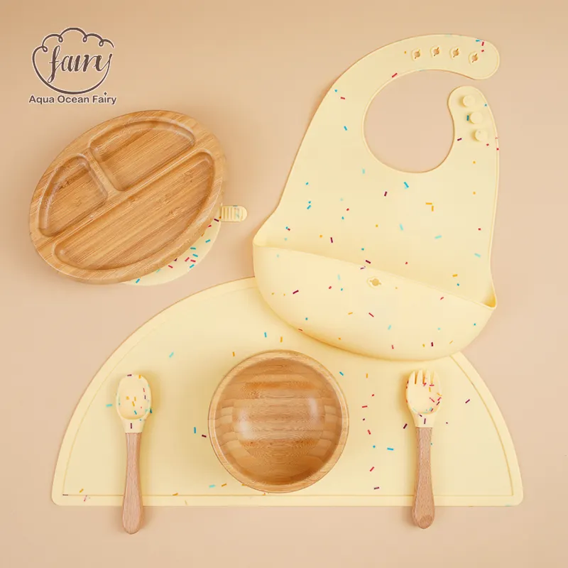 Manufacturer Factory Baby Led Weaning Set 5PCS Silicone Bib Baby Wooden Bowl Suction Kids Bamboo Plate Dishes Baby Feeding Set