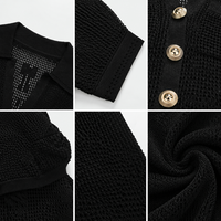 Nouvelle Robe Tricotée Élégante Noire à Col Revers et Manches Courtes Ajustée avec Détails Creux Printemps-Été 2026 pour Femme