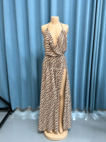 Robe d'été quotidienne pour femme LM R04, imprimé zèbre, sans bretelles, longueur ras du sol, en maille respirante, taille froncée, fente latérale haute