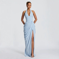 Robe de soirée chic pour femme, col licou, décolleté plongeant, sexy, moulante aux hanches, fente haute, dos nu, plissée, élégante, pour l'été et les fêtes