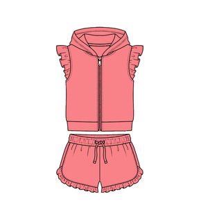 Conjunto de Ropa al por Mayor para Niñas Pequeñas, Diseño Personalizado, Sudadera con Capucha de Color Amarillo Sólido y Mangas con Volantes, Top con Cierre y Pantalones Cortos - Product Image 4