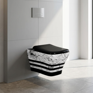 WC monobloc en céramique imprimé sur mesure, suite de salle de bain de luxe blanc et noir, cuvette de toilette à poser au sol - Product Image 2