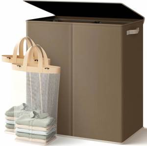 Cesto Plegable Grande para Ropa Sucia con 2 Compartimentos y Asas para Dormitorio o Lavadero - Product Image 1