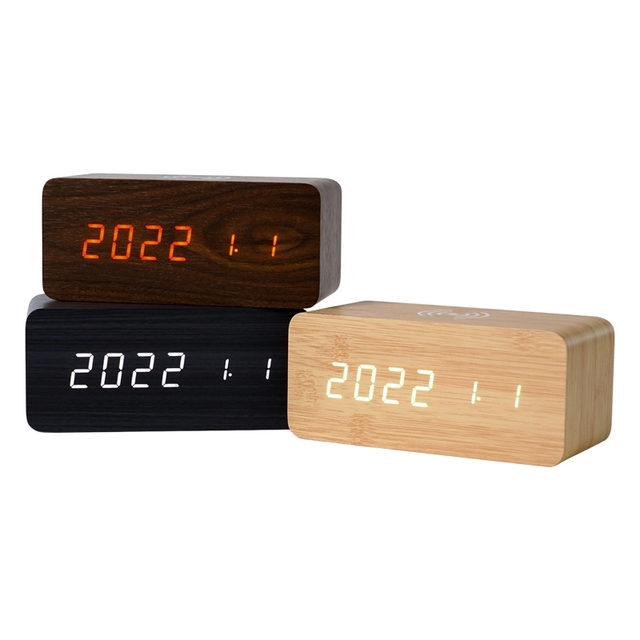 Wooden Digital LED Quick Delivery Table Clocks Time Temperature Calendars Sound Control  Alarm Clock with QI Wireless Charger