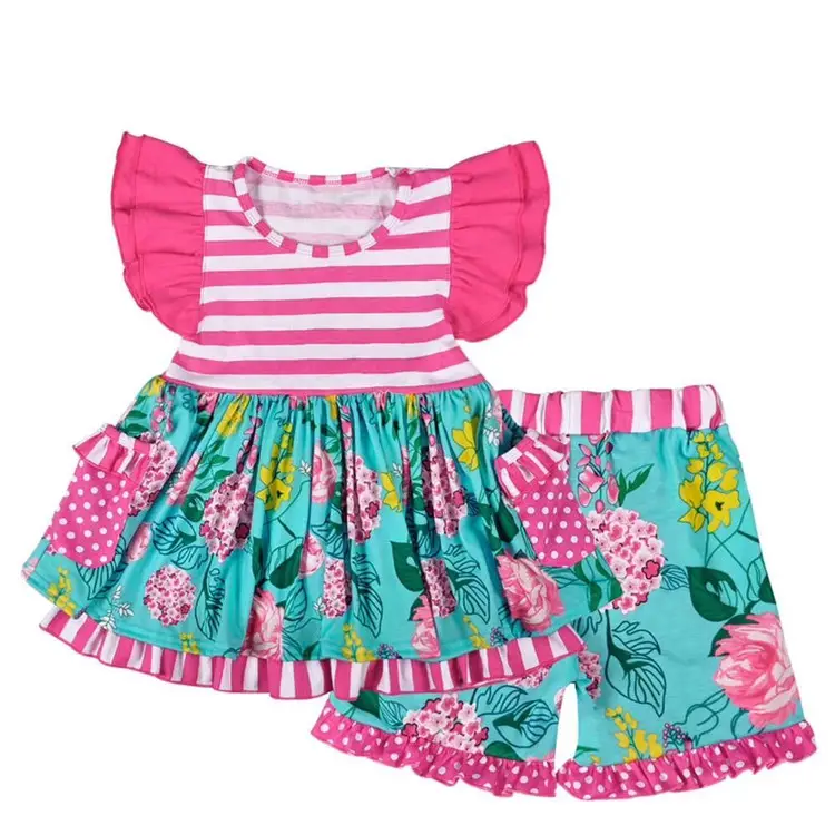 Enfant en bas âge fille été rayé haut à manches fluides correspondant Capri été fille perle robe enfant coton froufrous short 2 pièces costume