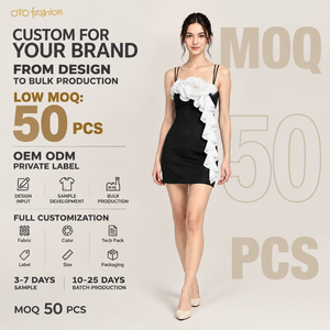 Abito Mini Aderente Nero da Donna con Doppia Spallina Sottile e Bordo a Balze con Rosette Bianche per Feste Serale Personalizzato OEM Private Label - Product Image 2