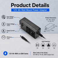 Adaptateur d'alimentation 12V 4000mA 48W à montage mural pour bande lumineuse LED, haut-parleur, GPS, webcam, microphone, récepteur, adaptateur d'alimentation 12V 4A