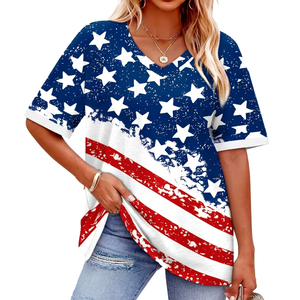 Camiseta de Manga Corta con Cuello en V para Mujer, Estampado de Bandera Americana, Corte Holgado, Informal, para Primavera/Verano, Cómoda, ODM - Product Image 1
