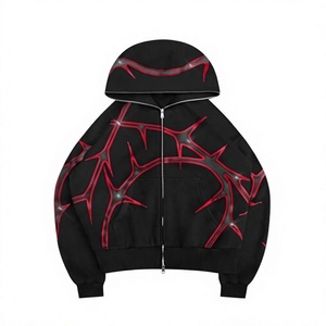 Men's Gothic Hooded Sweatshirt Oversized Zipper Print Red Black <b>Pattern</b> Autumn <b>Knitted</b> Polyester Regular Sleeve - Product Image 1