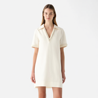 Nouvelle Robe Courte Femme Chic Bohème Col Polo Blanc Cassé Col en V Profond Bordure en Corde Tressée Manches Courtes Coupe Droite Personnalisable Vente en Gros
