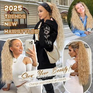 Ekstensi rambut ponytail wanita 30 inci, rambut sintetis pirang super gelombang, tampak alami, tebal, dengan klip jepit pre-bonded 140g - Product Image 4
