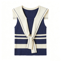 Nouveau Gilet Pull Tricoté Rayé Bleu Marine pour Femme, Col Marin, Détail Nœud, Sans Manches, Bloc de Couleurs, Rayures Blanches, Haut Tricoté Côtelé