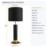 Lampe de table noire de luxe moderne, colonne en laiton, lampe de chevet en métal, abat-jour en tissu pour chambre d'hôtel