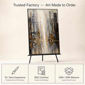 Pintura Abstracta Impresa en Lienzo con Diseño del Horizonte Urbano Metropolitano en Plata y Oro para Decoración de Oficinas, Hoteles, Vestíbulos y Entradas - Product Image 6