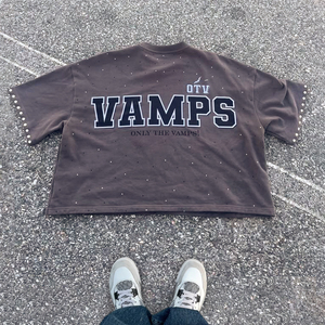 320 Gsm kapas rajutan Gotik Streetwear abu-abu t-shirt grosir berlian imitasi kustom Vintage cetak reguler cocok untuk pria kualitas tinggi - Product Image 5