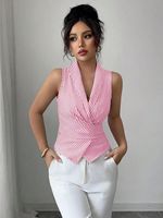 Camisa de Verano 2025 sin Mangas para Mujer, de Satén y Poliéster, Cuello Redondo, Diseño de Parches, Cintura Ajustada, Estilo Europeo Americano, Rayas, para Oficina