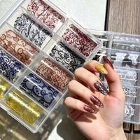 10 Rouleaux 4*50cm Autocollants pour Ongles en Feuille de Transfert Effet Dentelle Rétro Marron Bleu Rouge, Décalcomanies pour Ongles en Dentelle Creuse, Autocollants pour Ongles Effet Feuille Ciel Étoilé