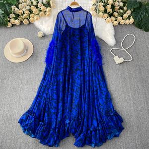 Noble élégant tempérament poilu manches col montant robe pour les <span class=keywords><strong>femmes</strong></span> coupe ample à volants imprimé léopard longue jupe - Product Image 4