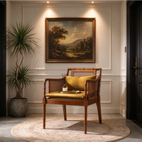 Fauteuil vintage français en bois massif, dossier tissé à la main, coussin en coton, siège de détente pour salon, balcon