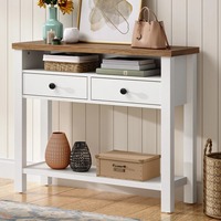 Console d'entrée style ferme, plateau en MDF, pieds en bois épais, compartiment supérieur, grands tiroirs, étagère inférieure ouverte