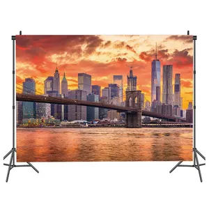 Modern Fashion City sunset glow skyline River Bridge night backdrops Vinyl cloth High quality photography backgrounds