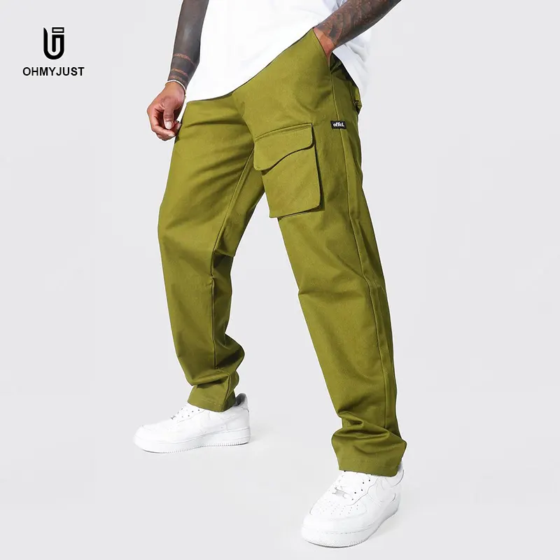 Groothandel Heren 100% Linnen Chino Casual Lange Broek Rechte Been Olijfgroen Streetwear Cargo Broek