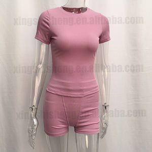 Gerippter Strick Custom LOGO Casual Damen Set Kurzarm Top und Shorts Lounge Wear Outfit 2-teilige Leggings Lounge wear Damen Sets - Product Image 2