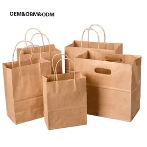 ओबीएम पेपर बैग हैंडल के साथ भूरा कस्टम रेस्तरां क्राफ्ट पेपर टेबलवेयर घरेलू उत्पादों के लिए अपना खुद का लोगो मुद्रित करें
