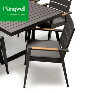 Balcony outdoor furniture dining sets wood armchairs aluminum restaurant dining black table and chairs set