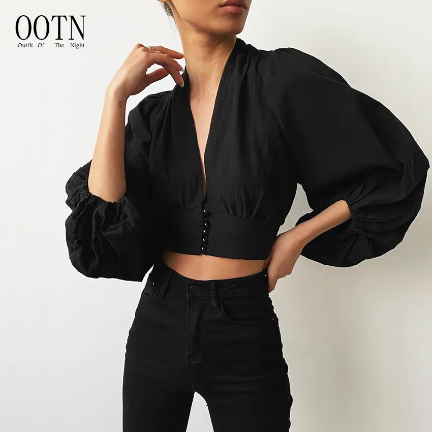 OOTN Women Fashion V Neck Chic Shirt Sexy Autumn Button Slim Solid Blouses Shirts Woven Black Puff Sleeve Blouse Crop Top